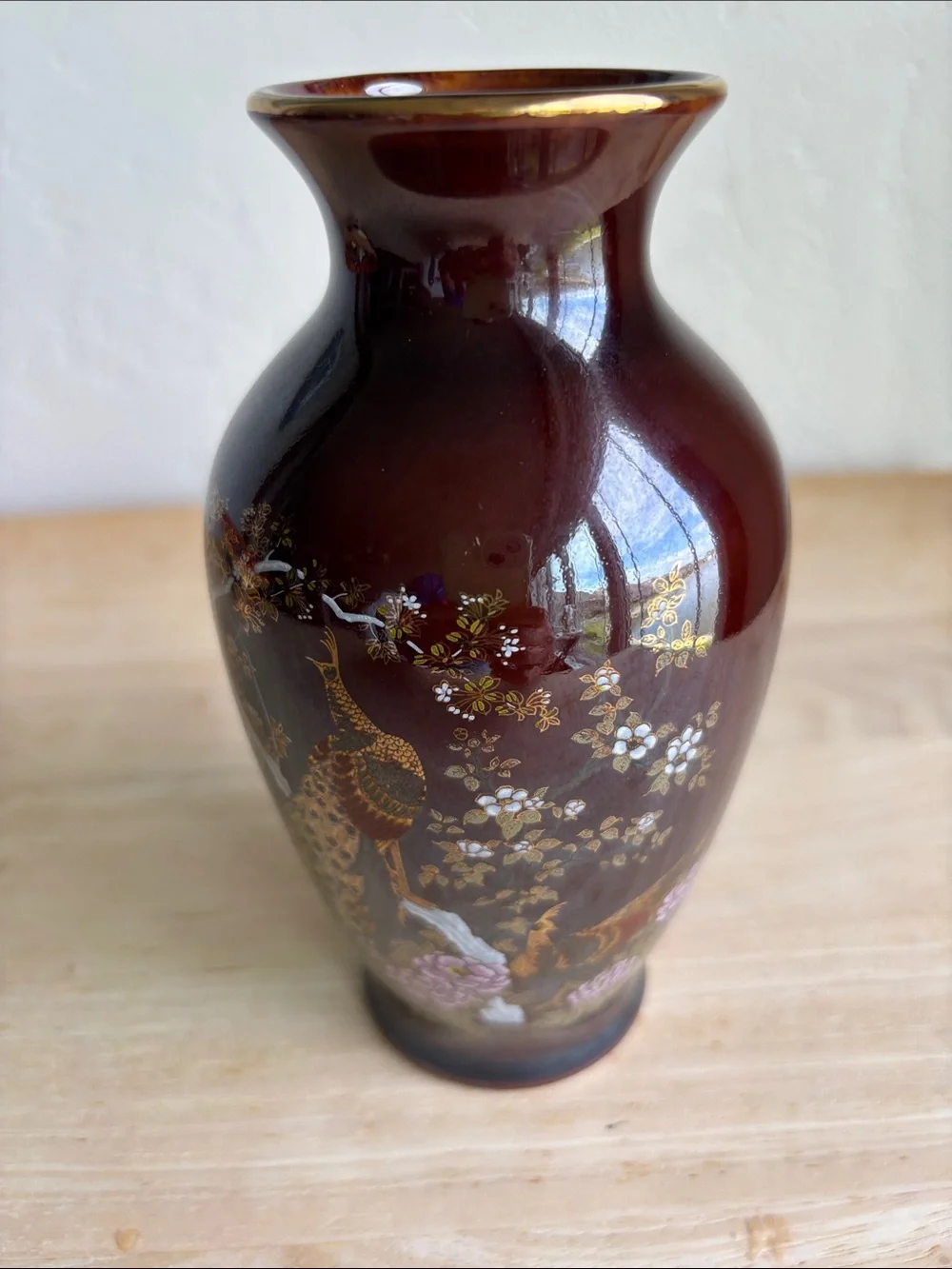 Vintage Japanese Burgundy Ceramic Peacock Accent Vase with Gold Floral Detail
